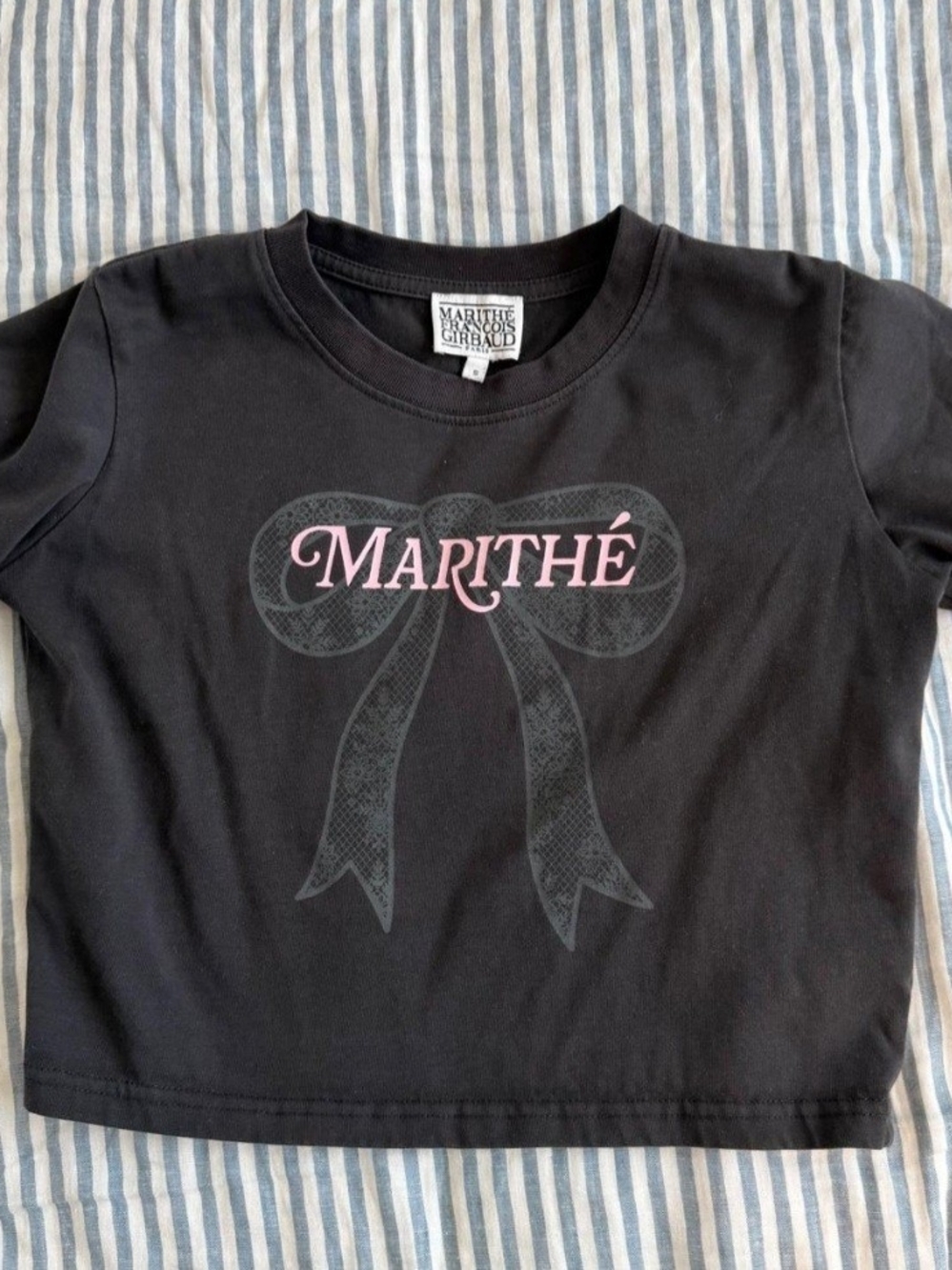 Marithe Francois Girbaud Women's Crop Top- Black Tee with Pink Logo Bow